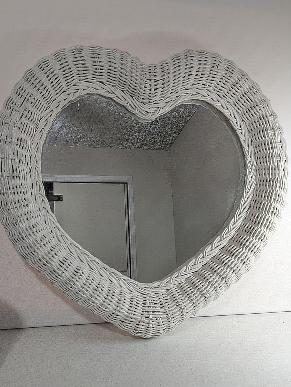 Vintage White Wicker Heart Shaped Wall Mirror - Cottagecore / Shabby Chic / 80s